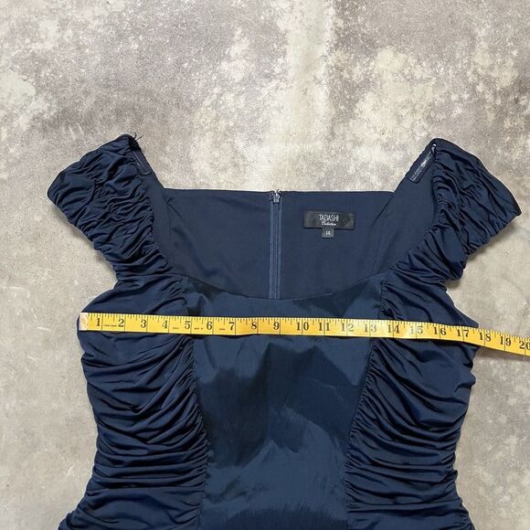 Tadashi‎ Shoji Dress Womens 14 Navy Blue Ruched Shirred Sides Stretch Taffeta - Picture 2 of 11